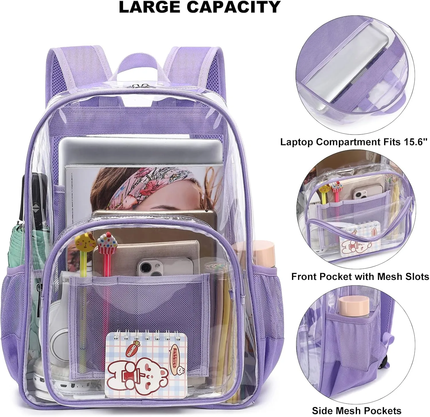 Clear Backpack School Backpack Bookbag for Girls Boys Women Men, Heavy Duty See Through Transparent Backpacks (Lavender Purple)