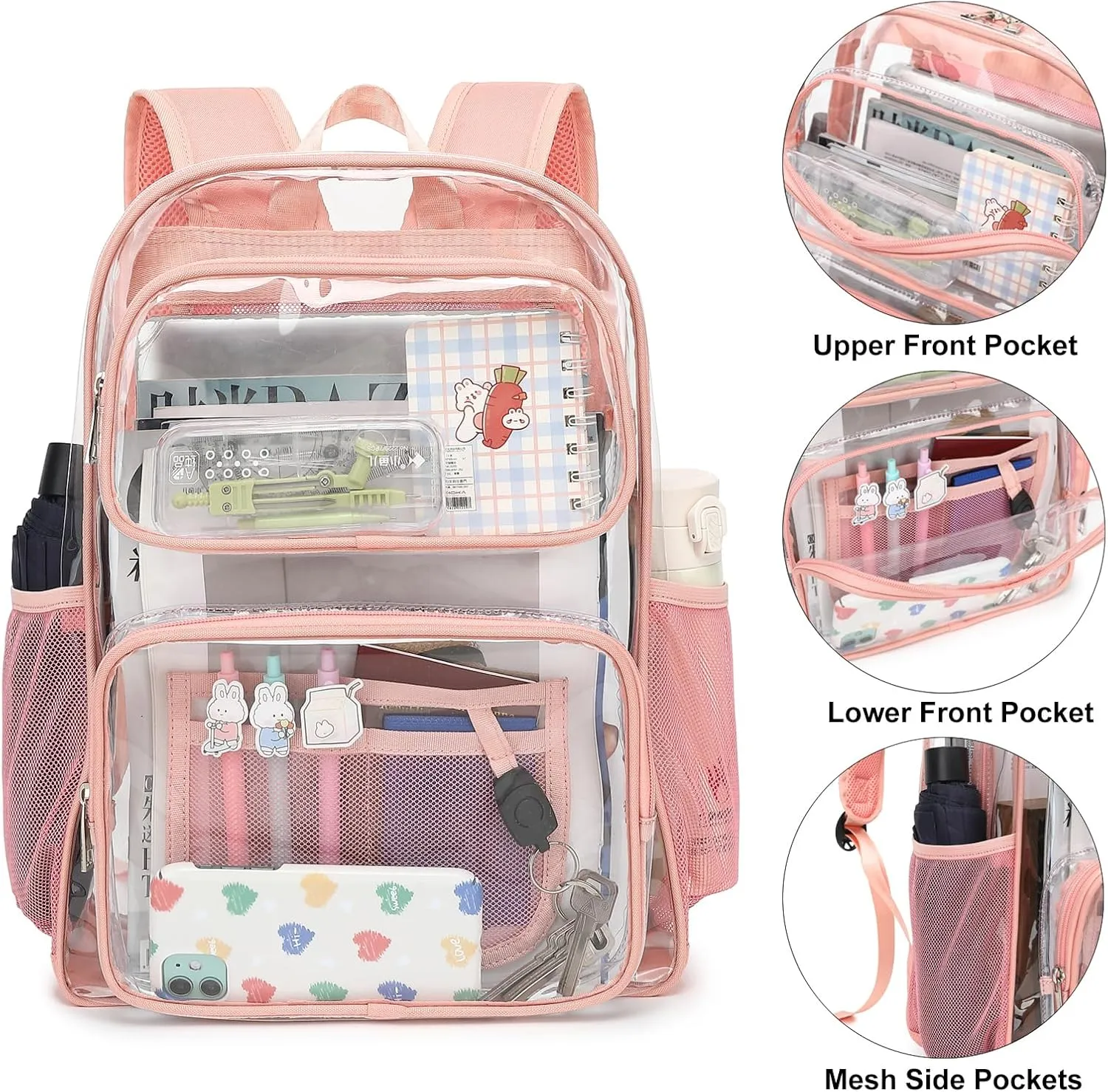 Clear Backpack School Backpack for Girls Boys Women Men, Kids Transparent See Through Schoolbag College Bookbags (Pink)