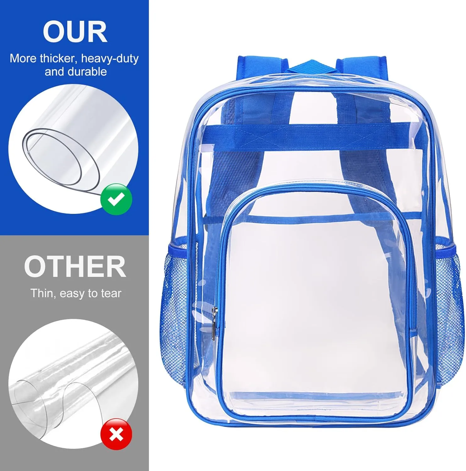Clear Backpack School Bag Stadium Approved Heavy Duty Large PVC Laptop Transparent Backpack See Through Backpack for Sports, Work, Stadium, Security, Travel, College - H18''xW14''xD8“ - Blue