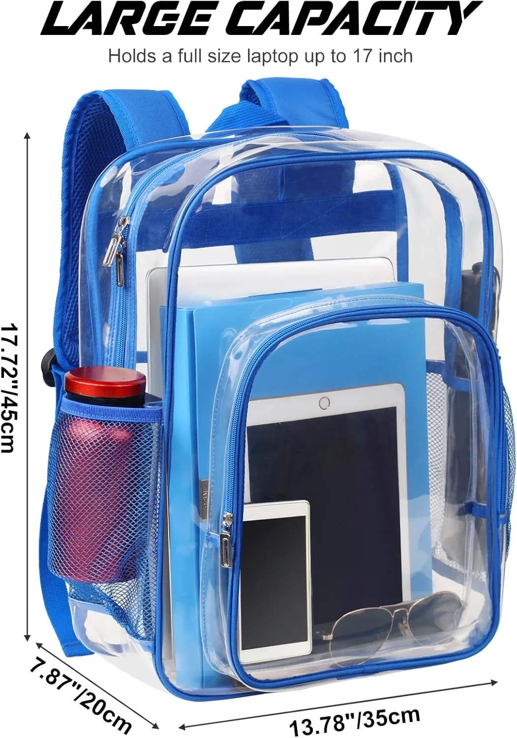 Clear Backpack School Bag Stadium Approved Heavy Duty Large PVC Laptop Transparent Backpack See Through Backpack for Sports, Work, Stadium, Security, Travel, College - H18''xW14''xD8“ - Blue