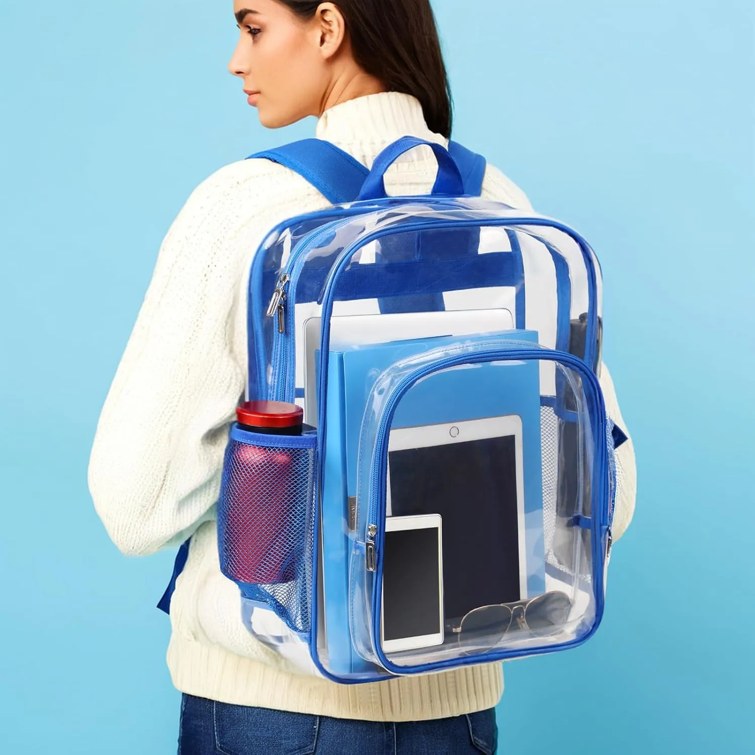 Clear Backpack School Bag Stadium Approved Heavy Duty Large PVC Laptop Transparent Backpack See Through Backpack for Sports, Work, Stadium, Security, Travel, College - H18''xW14''xD8“ - Blue