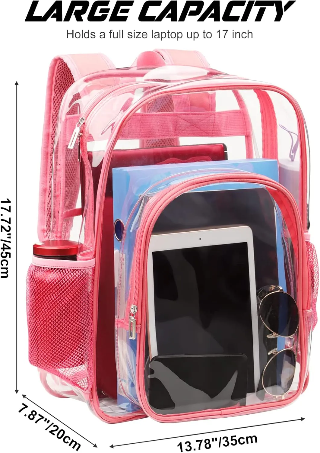 Clear Backpack School Bag Stadium Approved Heavy Duty Large PVC Laptop Transparent Backpack See Through Backpack for Sports, Work, Stadium, Security, Travel, College - H18''xW14''xD8“ - Pink