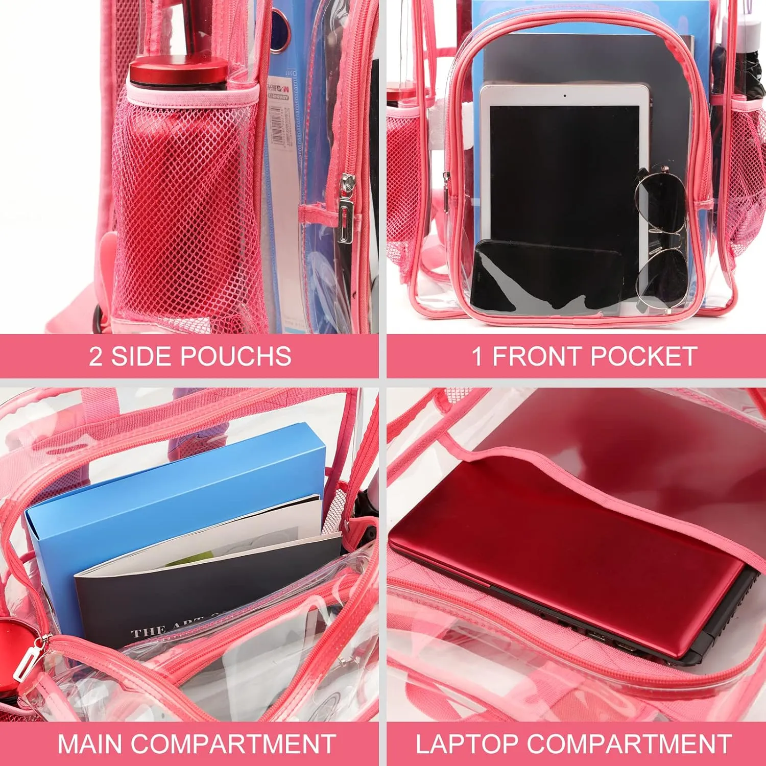 Clear Backpack School Bag Stadium Approved Heavy Duty Large PVC Laptop Transparent Backpack See Through Backpack for Sports, Work, Stadium, Security, Travel, College - H18''xW14''xD8“ - Pink