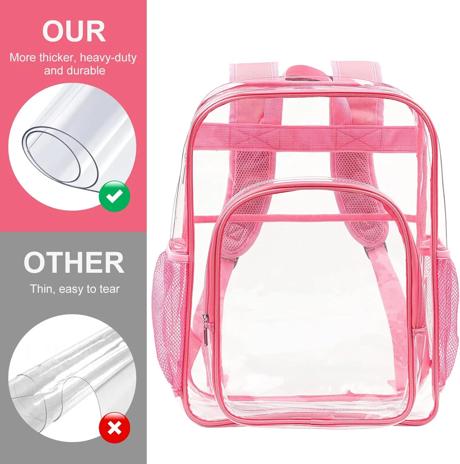 Clear Backpack School Bag Stadium Approved Heavy Duty Large PVC Laptop Transparent Backpack See Through Backpack for Sports, Work, Stadium, Security, Travel, College - H18''xW14''xD8“ - Pink