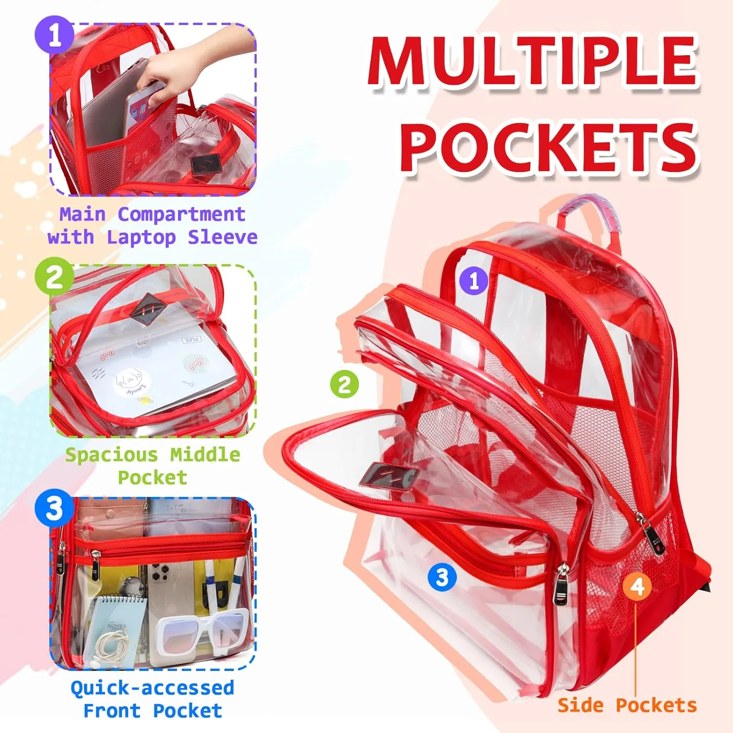 Clear Backpack - Thriple Compartments Heavy Duty PVC Transparent See Through Backpack for Boys, Girls, Women, Men - Stadium Events, College, Work