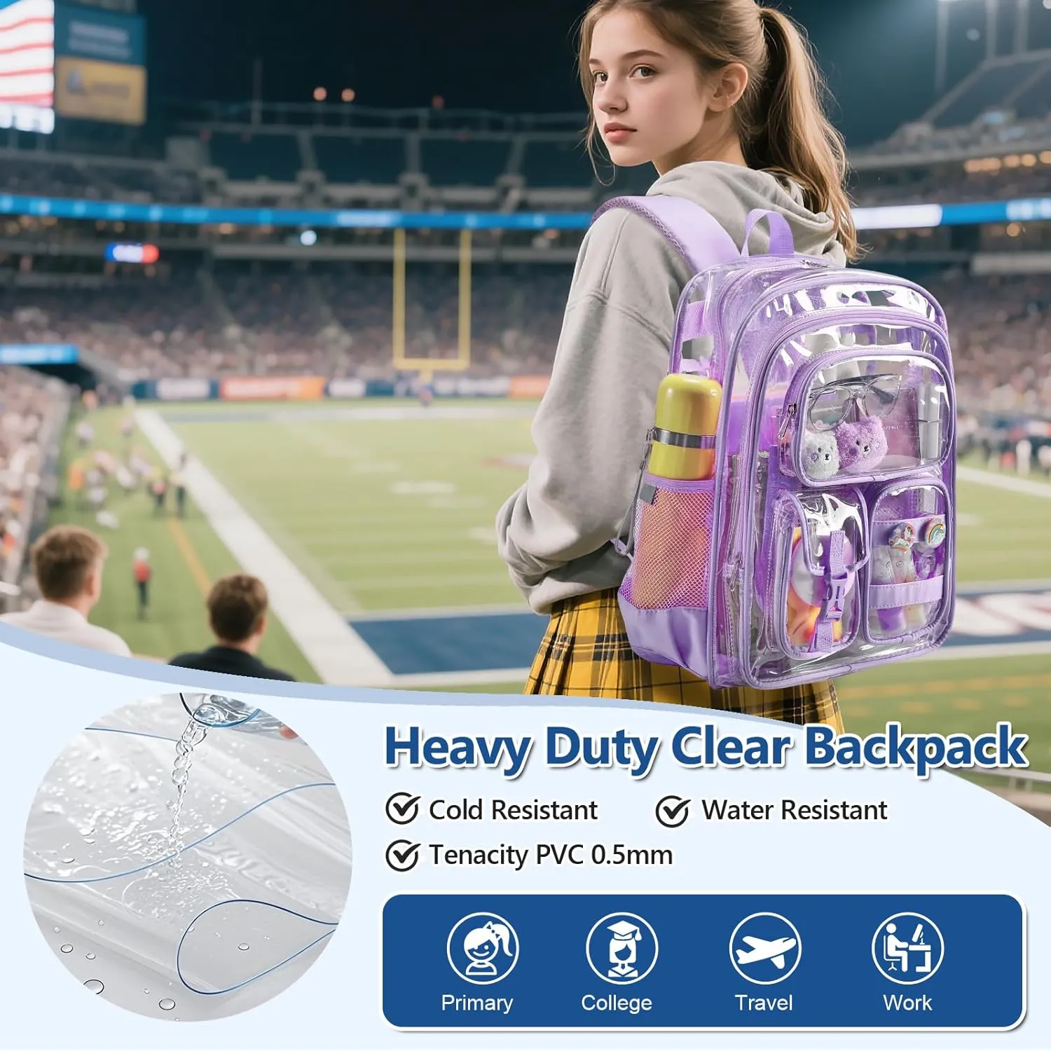 Clear Backpack with Pencil Case, Heavy Duty PVC Transparent Backpack with Reinforced Bottom & Multi-pockets for Kindergarten Primary College Workplace Security