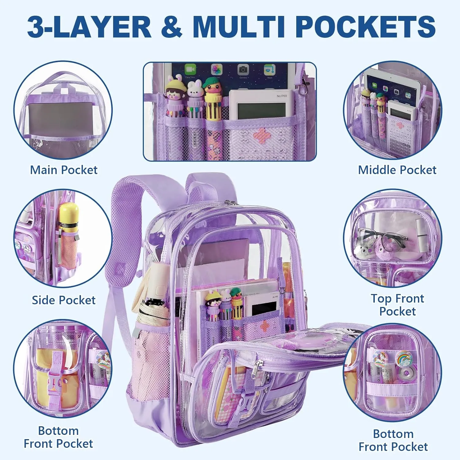 Clear Backpack with Pencil Case, Heavy Duty PVC Transparent Backpack with Reinforced Bottom & Multi-pockets for Kindergarten Primary College Workplace Security