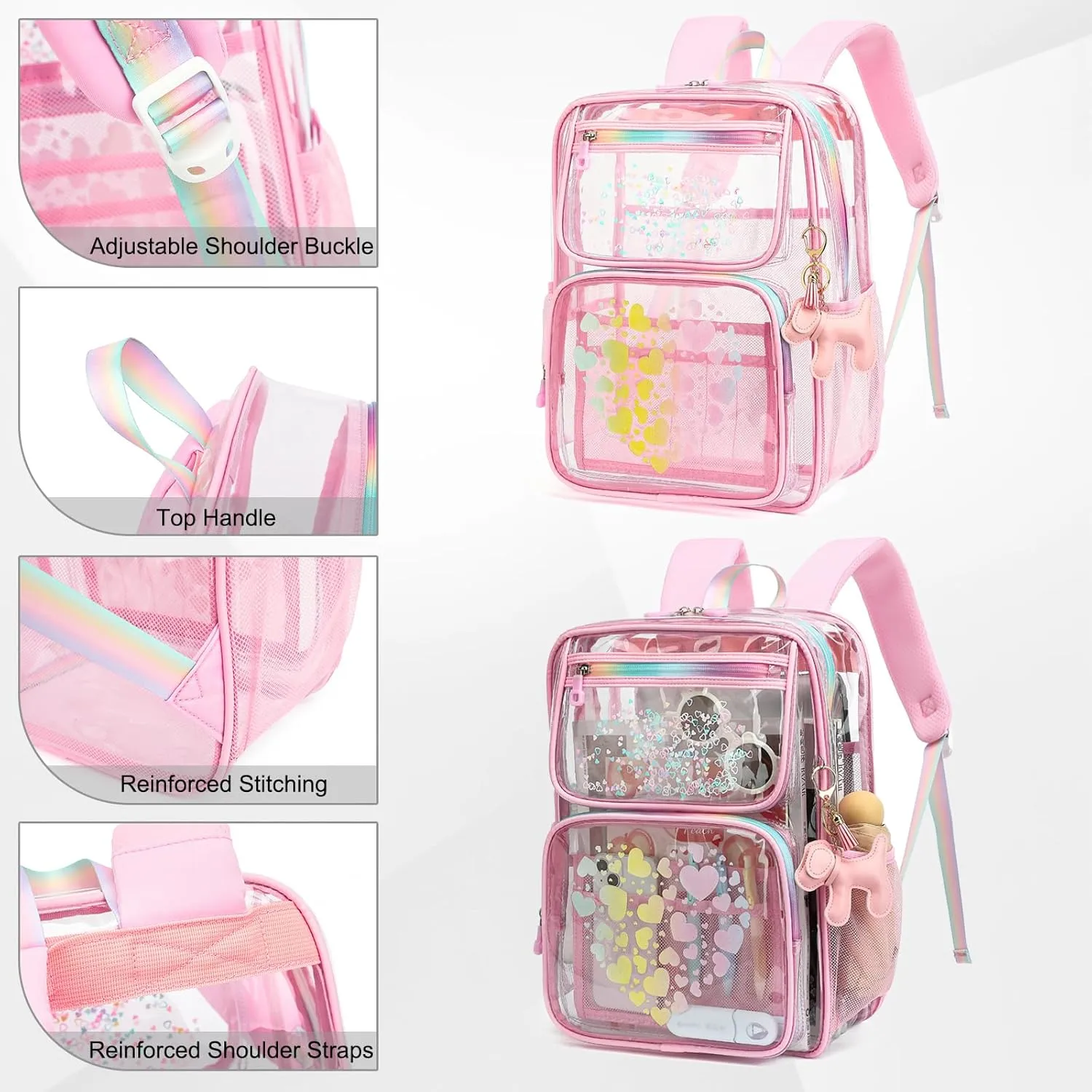 Clear Backpacks for School Girls, Heavy Duty TPU Transparent Bookbags Stadium Events Approved See Through Backpack (Pink)