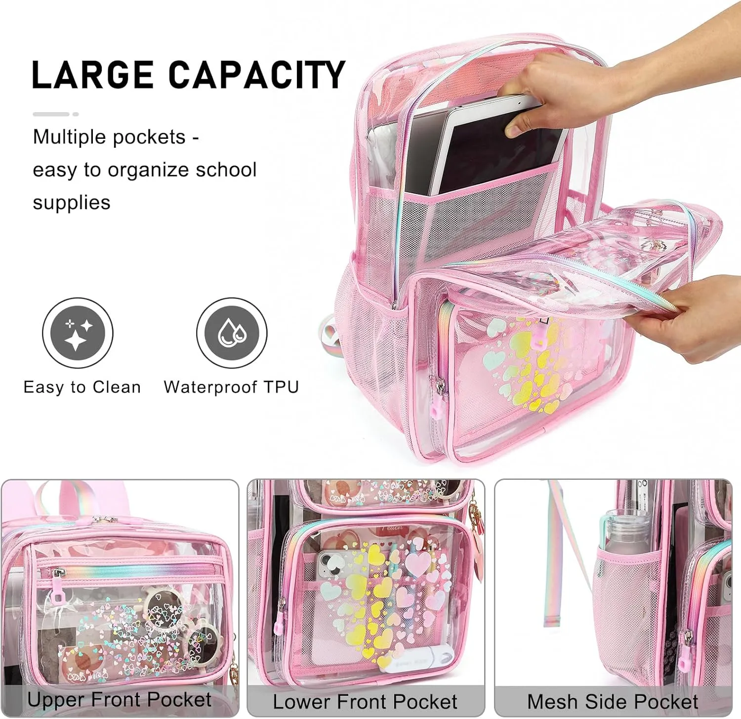 Clear Backpacks for School Girls, Heavy Duty TPU Transparent Bookbags Stadium Events Approved See Through Backpack (Pink)