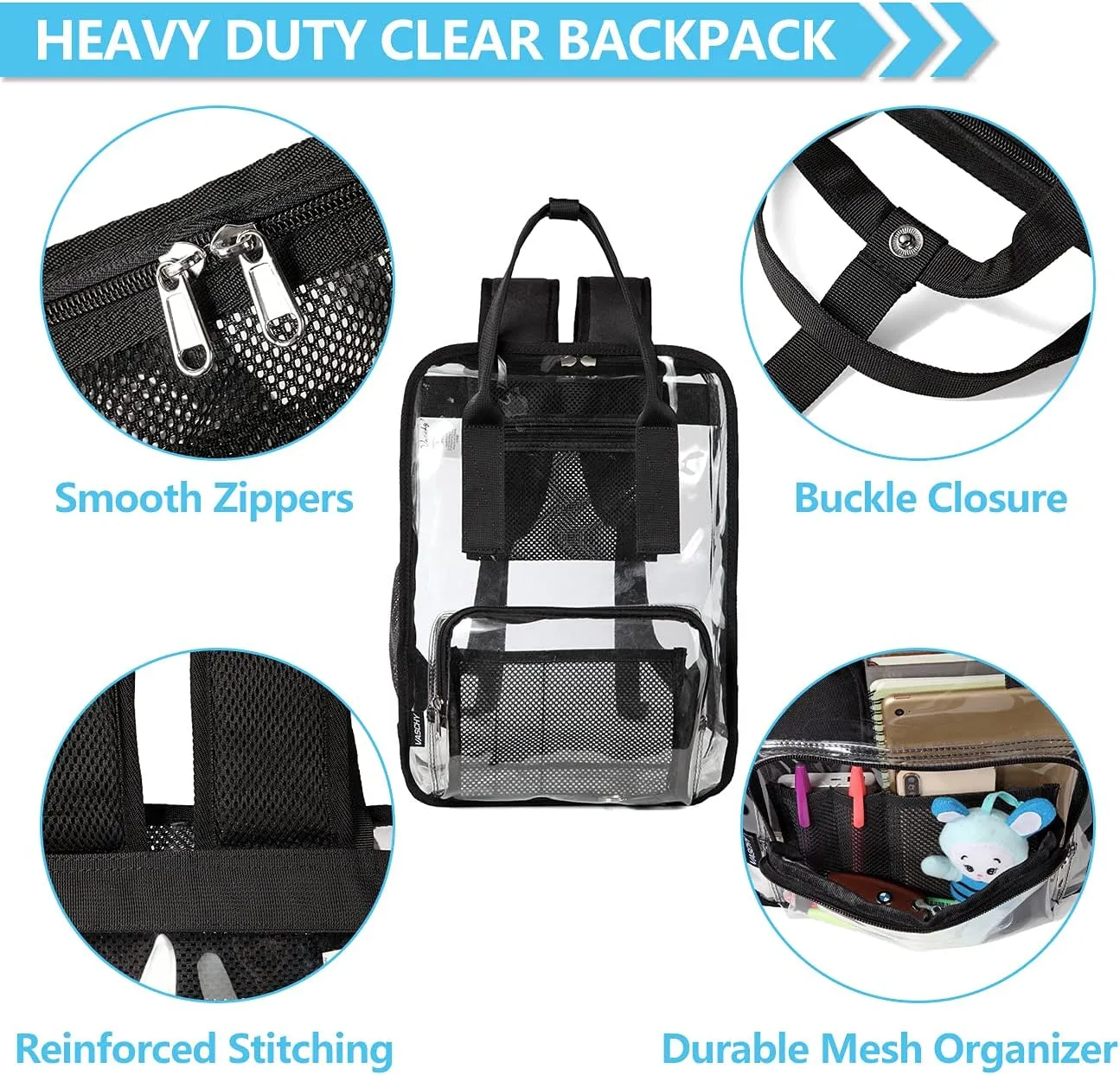 Clear backpack,VASCHY HeavyDuty Transparent See Through School Backpack BookBag