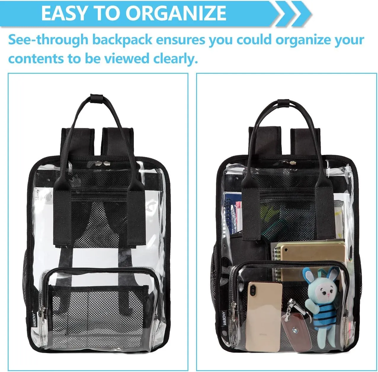Clear backpack,VASCHY HeavyDuty Transparent See Through School Backpack BookBag