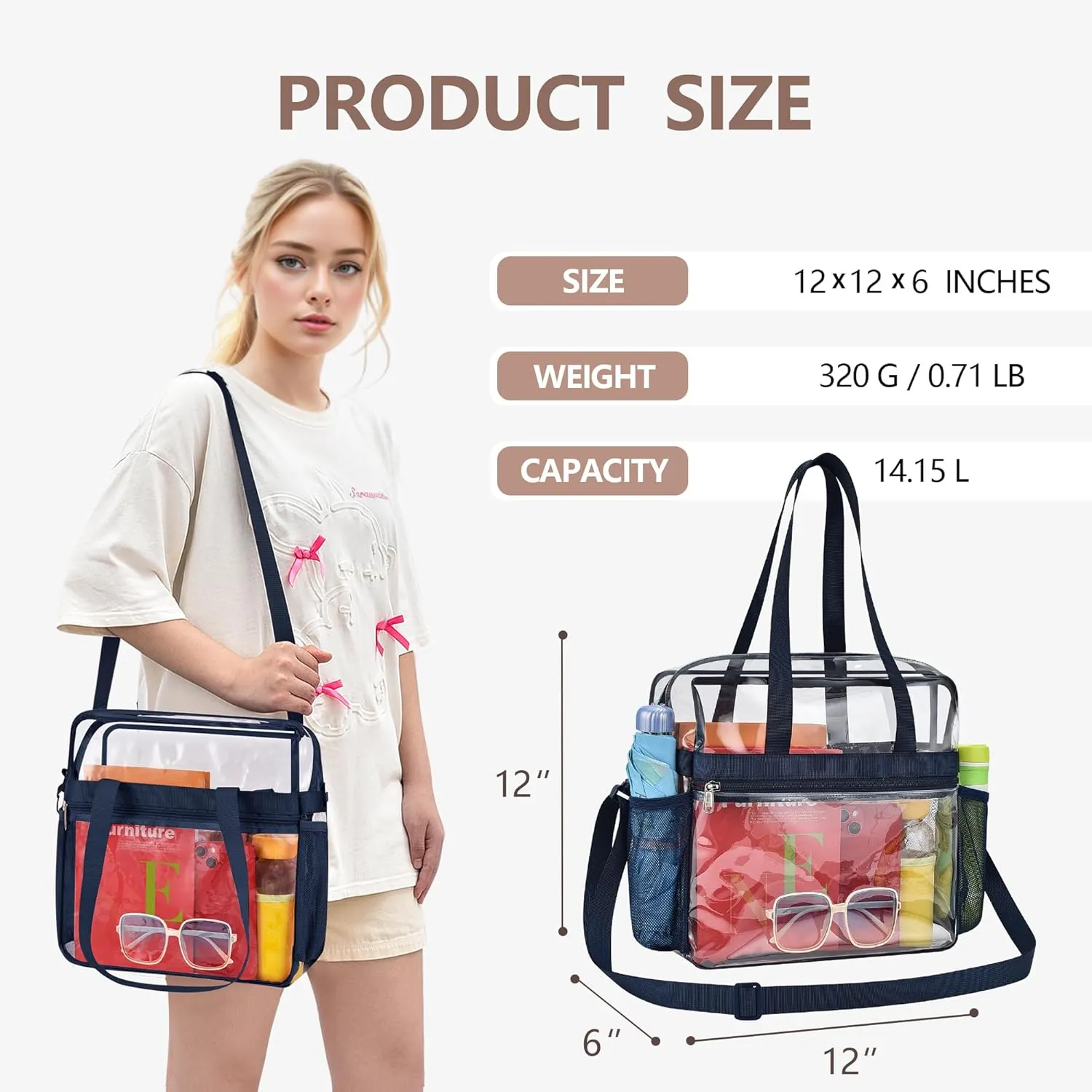 Clear Bag for Stadium Events - 12x6x12, Transparent Sports Bag with Reinforced Shoulder Straps