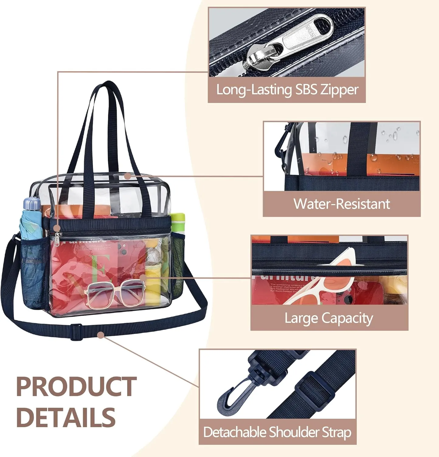 Clear Bag for Stadium Events - 12x6x12, Transparent Sports Bag with Reinforced Shoulder Straps