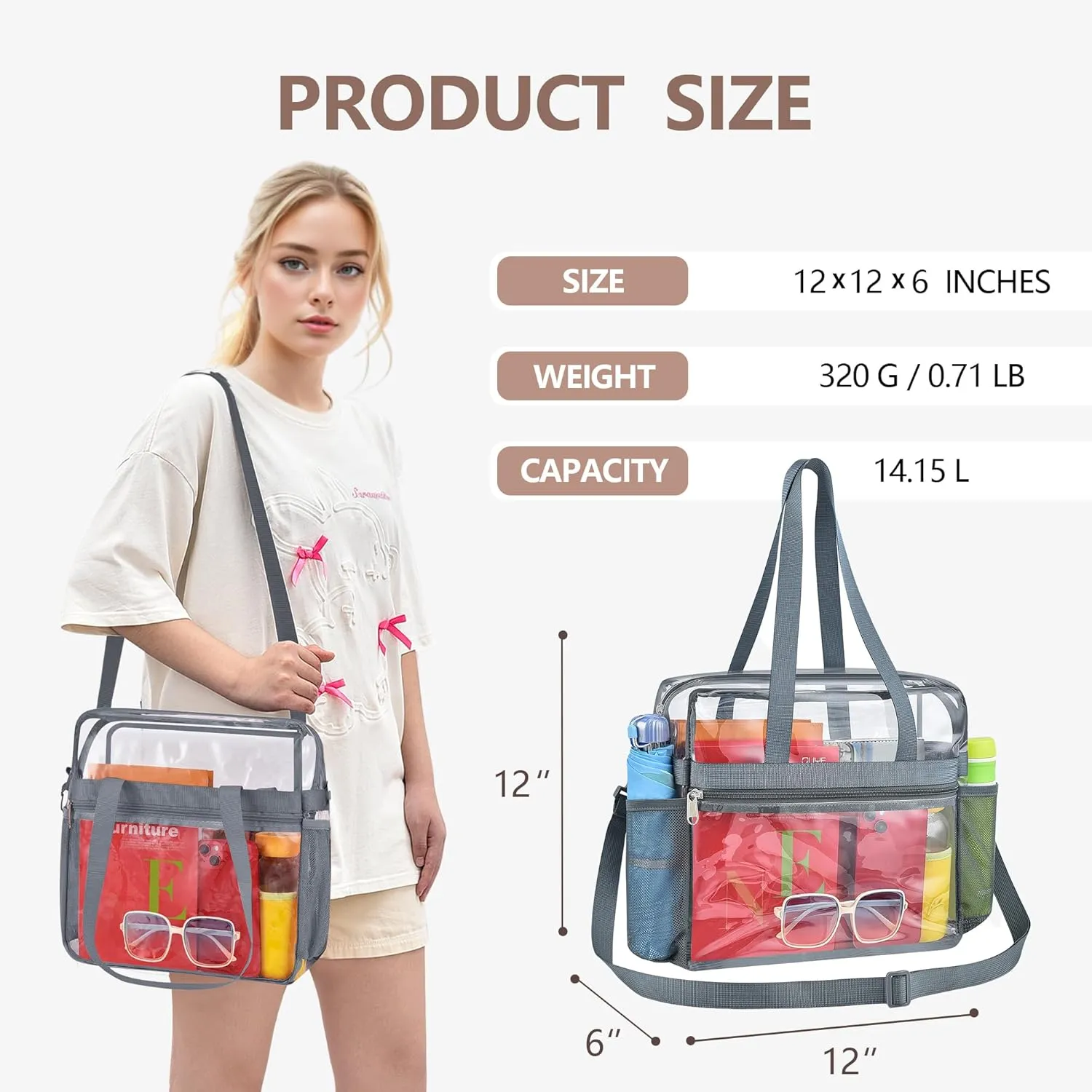 Clear Bag for Stadium Events - 12x6x12, Transparent Sports Bag with Reinforced Shoulder Straps