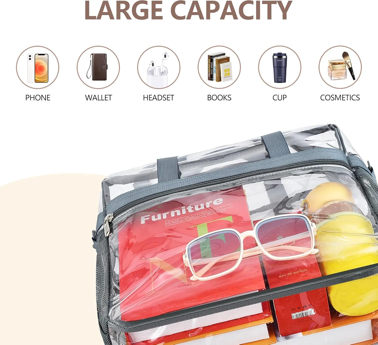 Clear Bag for Stadium Events - 12x6x12, Transparent Sports Bag with Reinforced Shoulder Straps
