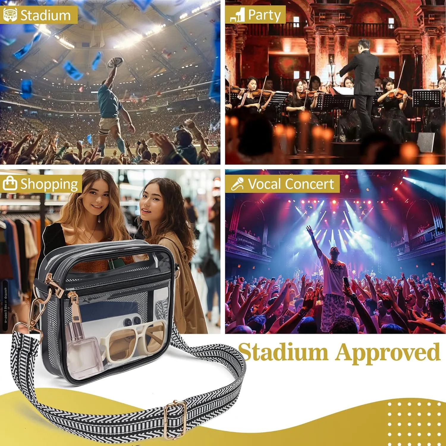 Clear Bag for Stadium Events, Clear Crossbody Bag Stadium Approved Fanny Pack Concert Purses for Women Men