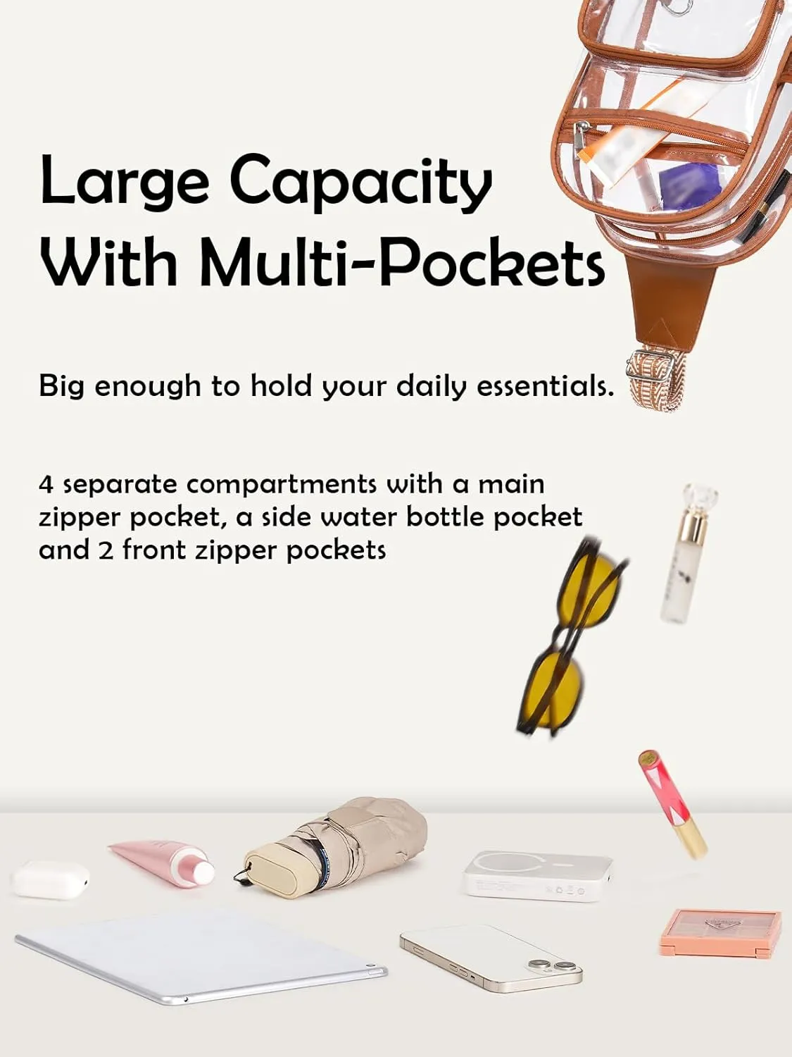 Clear Bag for Stadium Events, Clear Purses For Women Men, Transparent Crossbody Bag, See Through Large Sling Backpack