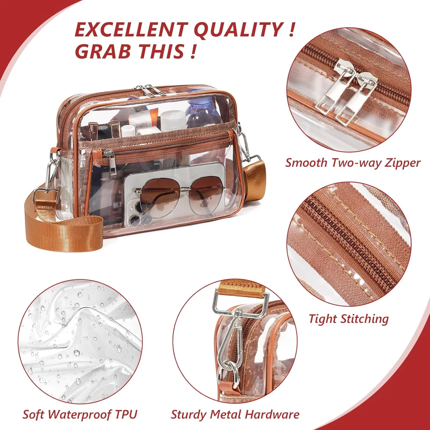 Clear Bag for Stadium Events with 2 Long Straps, See Through Purse for Women Crossbody Bag Concert Stadium Approved