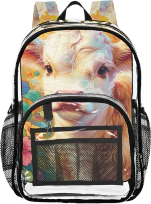 Clear Bag for Women Travel Kids Backpack Boys Girls Plastic Transparent Bookbag Cute Highland Cow Calf Print