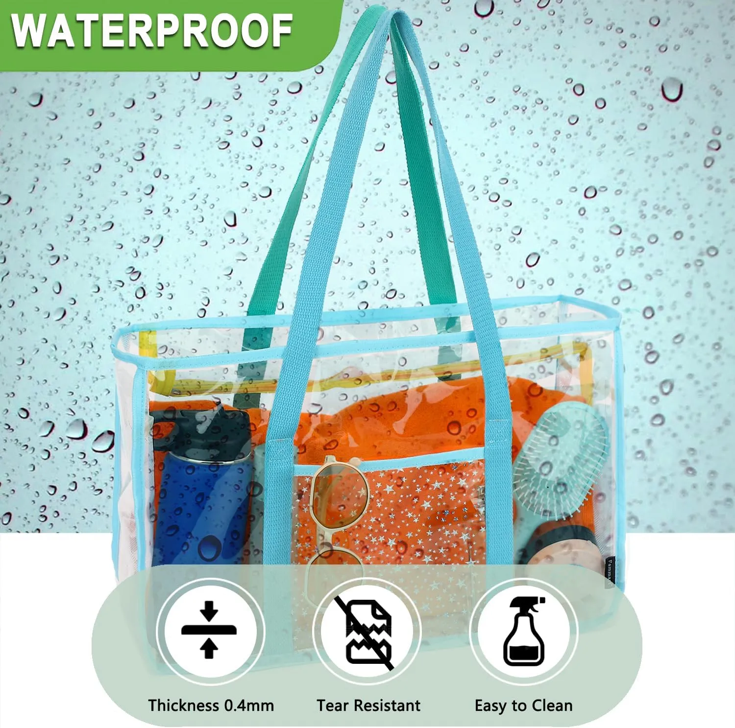 Clear Beach Bag for Women, Large Clear Tote Bag for Stadium Events - Zipper Closure, Waterproof, Sandproof