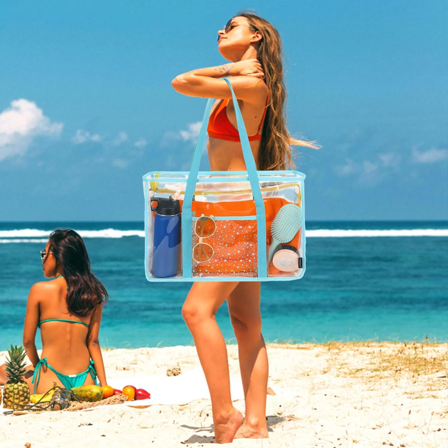 Clear Beach Bag for Women, Large Clear Tote Bag for Stadium Events - Zipper Closure, Waterproof, Sandproof