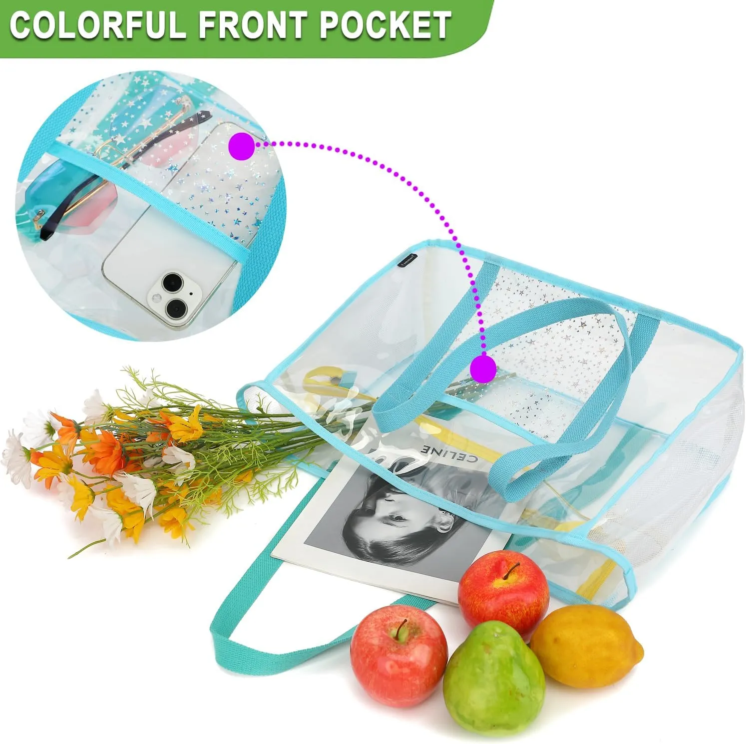 Clear Beach Bag for Women, Large Clear Tote Bag for Stadium Events - Zipper Closure, Waterproof, Sandproof