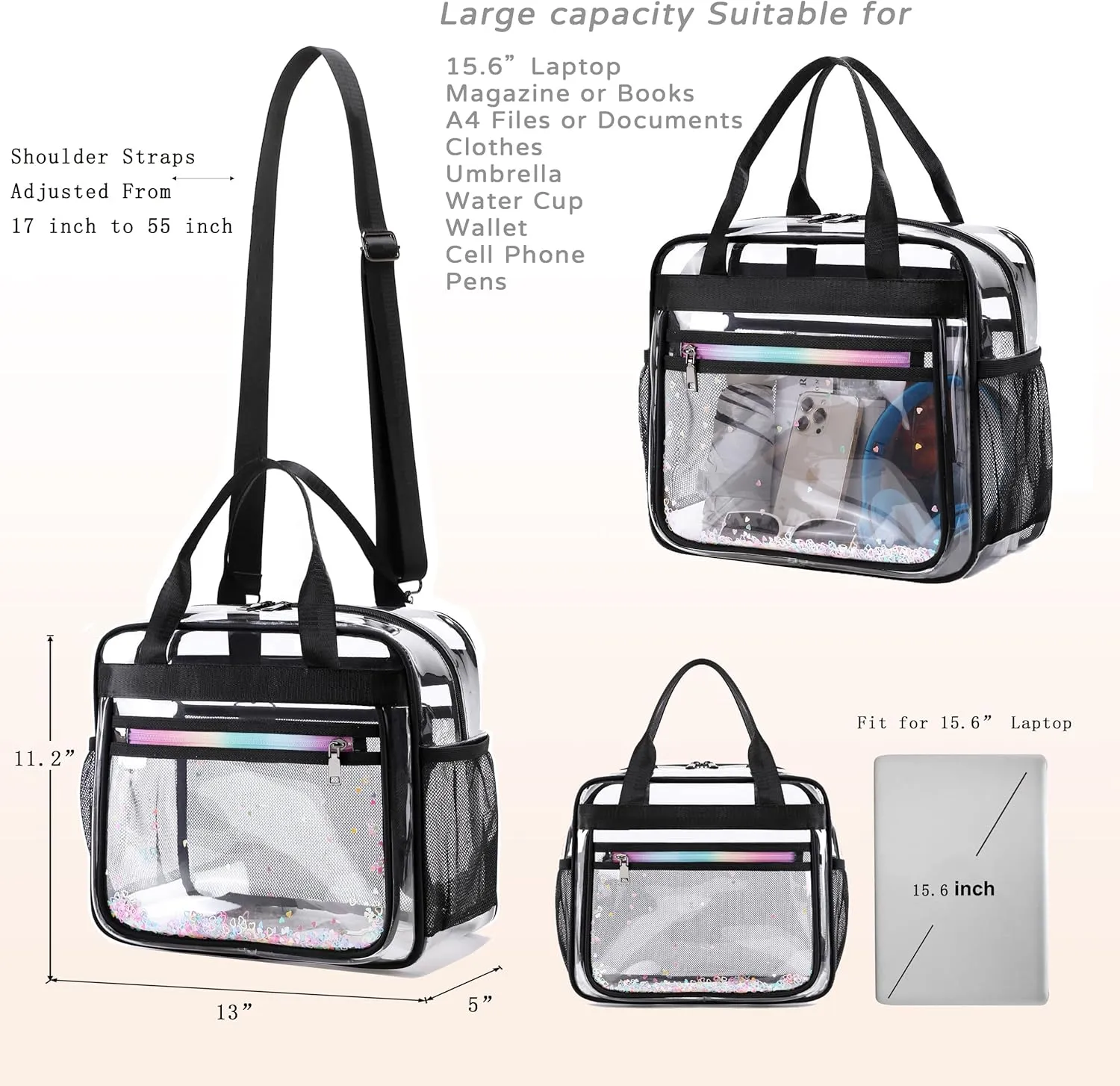 Clear Beach Bag Travel Tote Transparent Backpack for Women Girls Stadium Approved Crossbody Messenger Shoulder Handbag