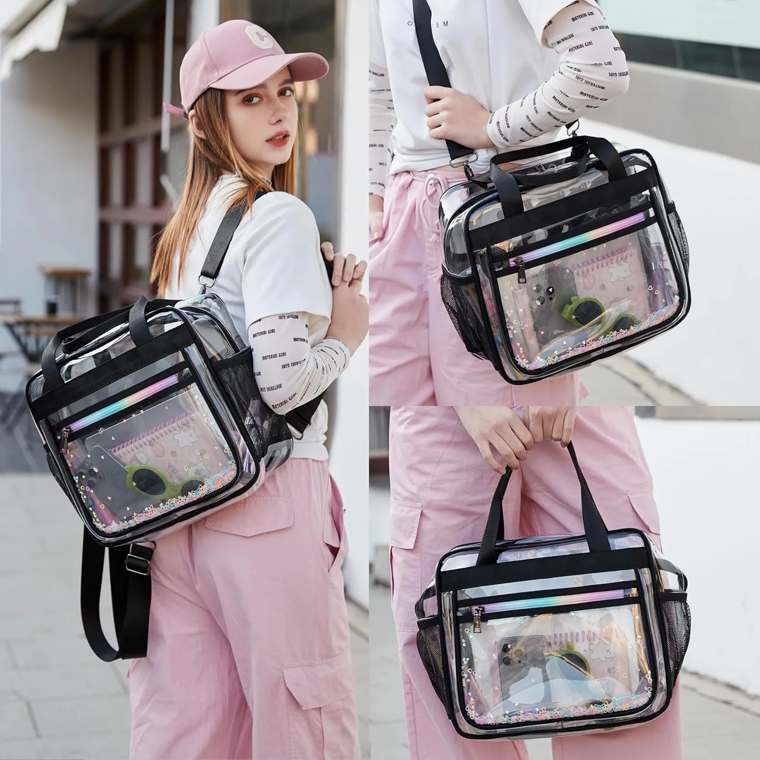 Clear Beach Bag Travel Tote Transparent Backpack for Women Girls Stadium Approved Crossbody Messenger Shoulder Handbag