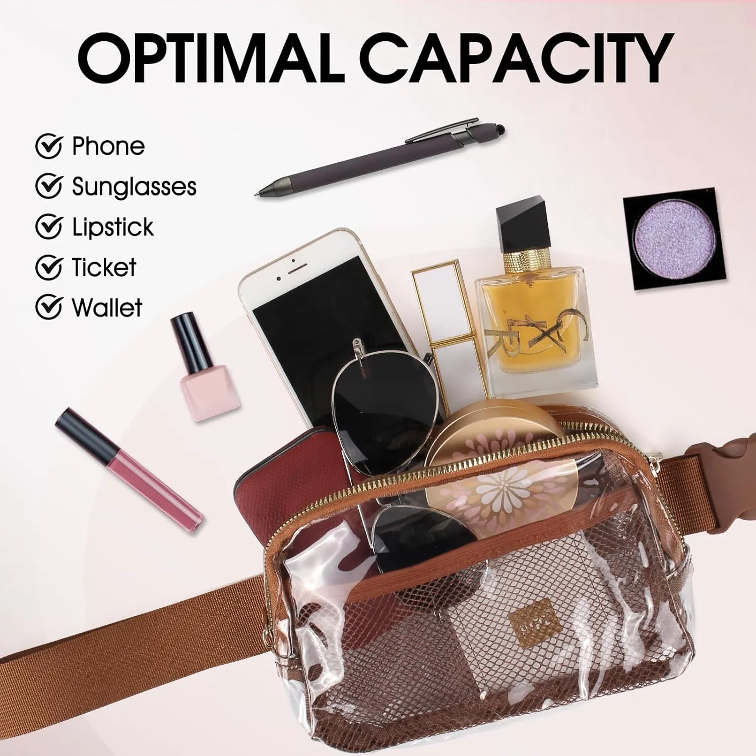 Clear Fanny Pack,Clear Bag for Stadium Events,See Through Purse for Women Crossbody Bag Concert Stadium Approved(brown)
