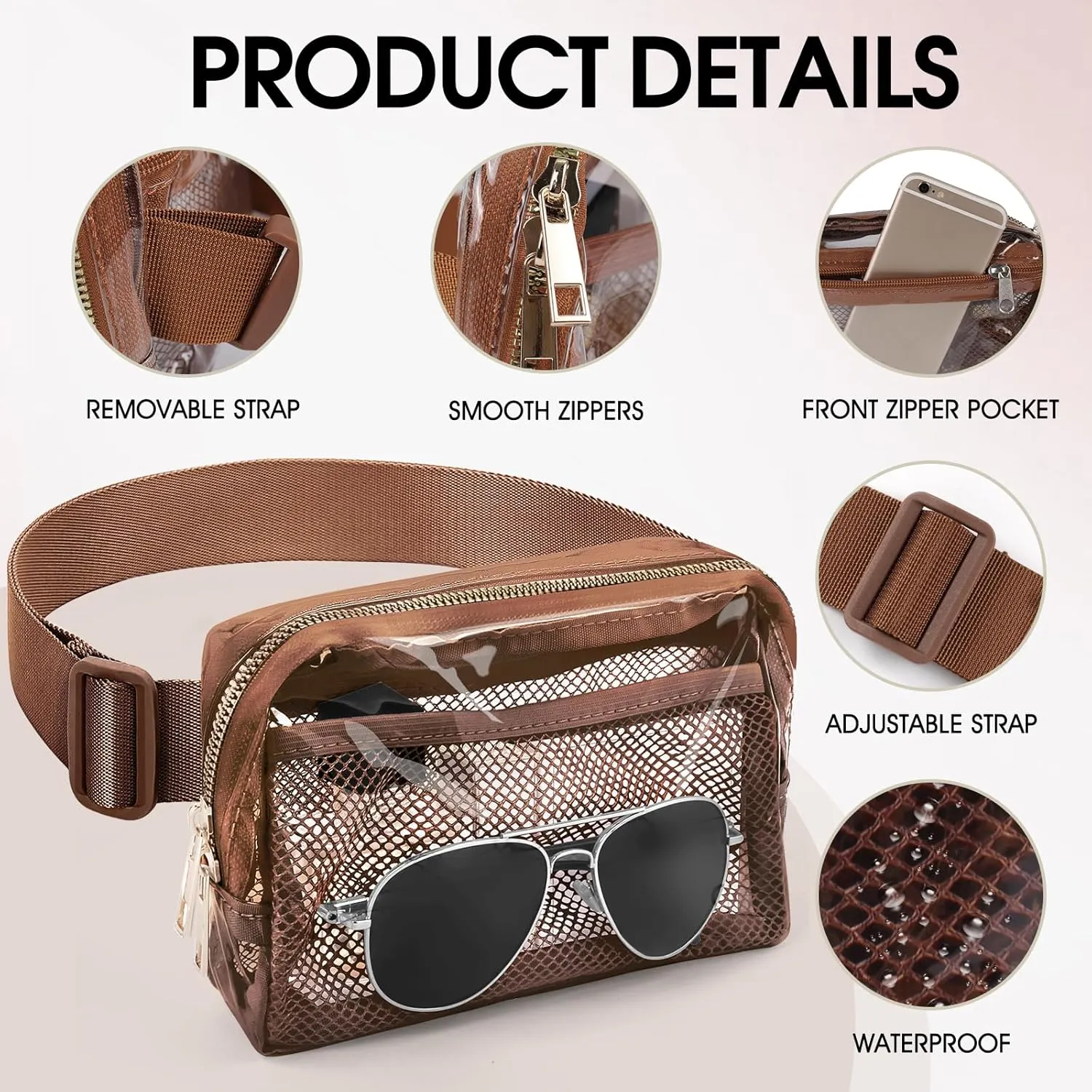 Clear Fanny Pack,Clear Bag for Stadium Events,See Through Purse for Women Crossbody Bag Concert Stadium Approved(brown)