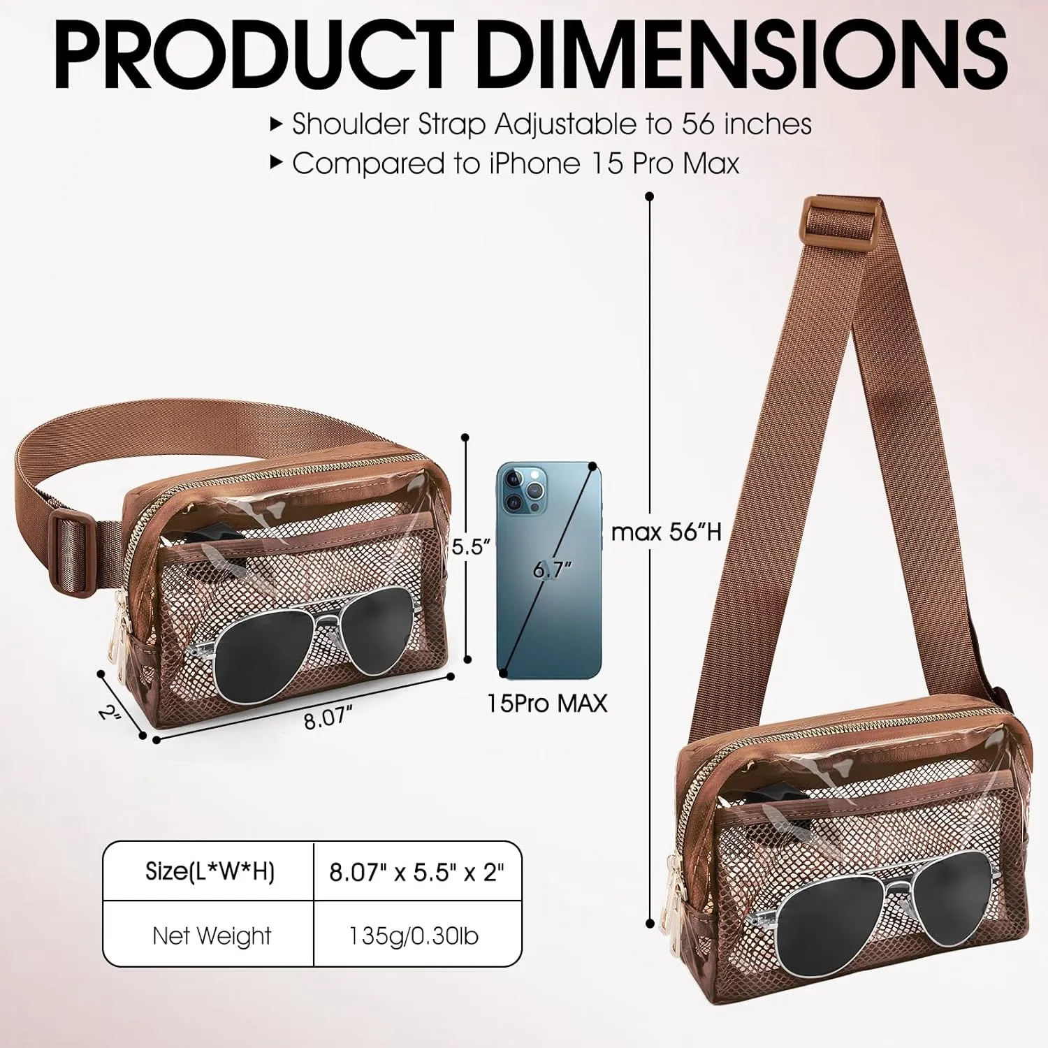 Clear Fanny Pack,Clear Bag for Stadium Events,See Through Purse for Women Crossbody Bag Concert Stadium Approved(brown)