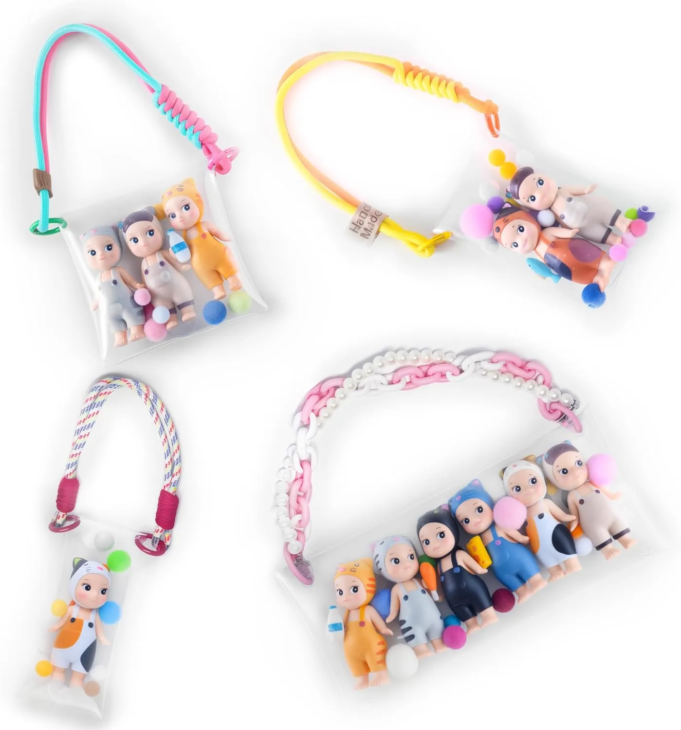 Clear Figure Display Bag Keychain Set (4PCS) Compatible with Sonny Angel, Portable Blind Box Organizer, Mini Doll Display Bag, DIY Decoration Collectible Case（NO Doll） (1 Set(4PCS))