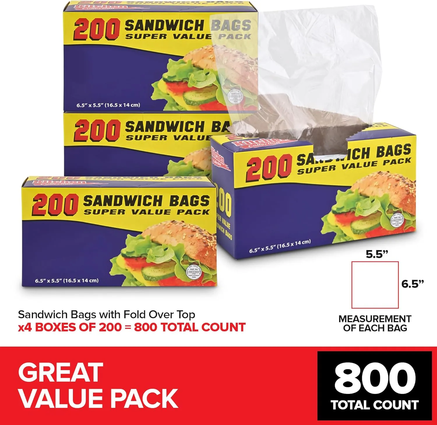 Clear Fold Top Sandwich Bags - 800 Count, Disposable Plastic Bags with Fold and Close Design for Every Day Use, Ideal for Chefs, Restaurants, or Caterers, Stock Your Home
