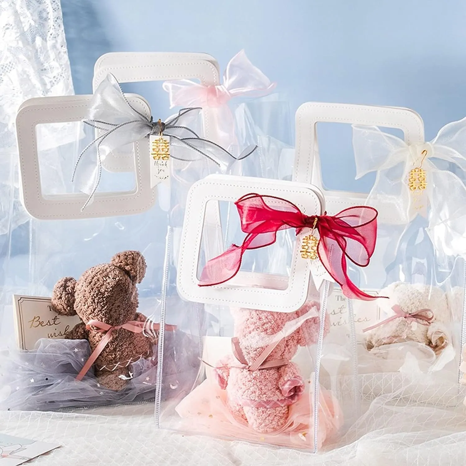 Clear Gift Bag with Handle, 4 Pcs Transparent PVC Gift Bag, Heavy Duty Reusable Gift Wrap Bags for Bridal Party, Baby Shower, Wedding Favor, Shopping Bag Bulk- 7"x4" x8"