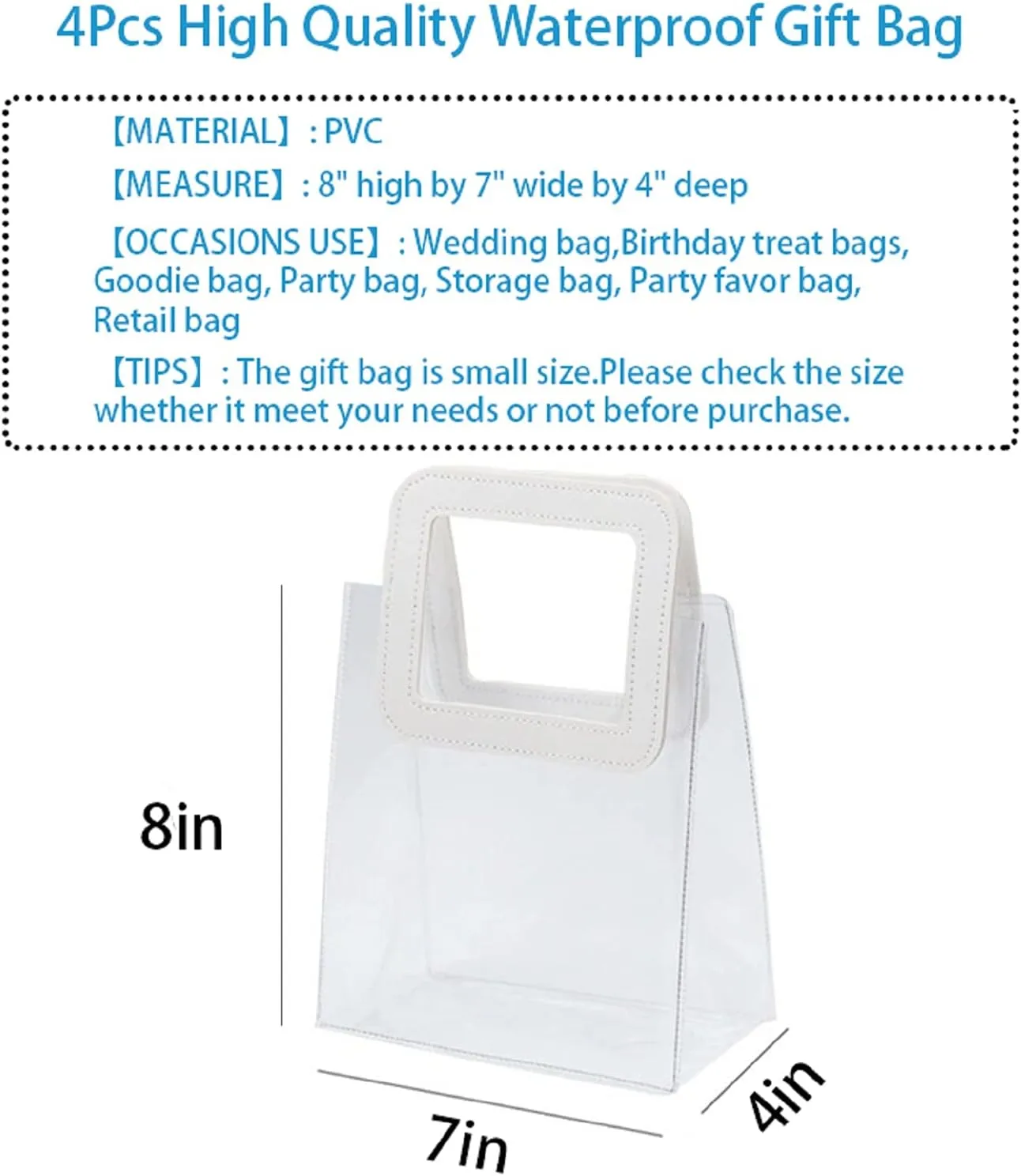 Clear Gift Bag with Handle, 4 Pcs Transparent PVC Gift Bag, Heavy Duty Reusable Gift Wrap Bags for Bridal Party, Baby Shower, Wedding Favor, Shopping Bag Bulk- 7"x4" x8"