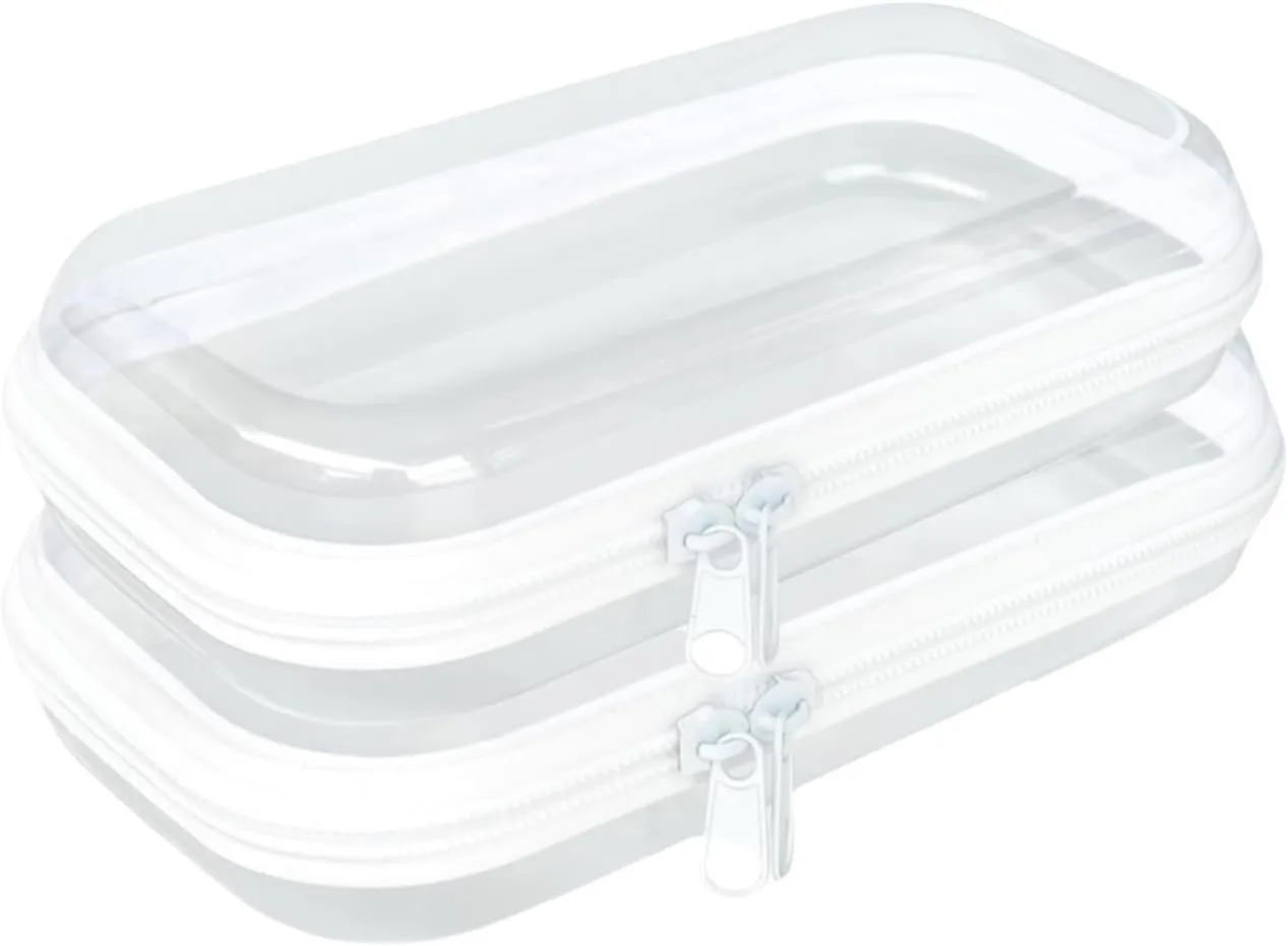 Clear Hard Plastic Zipper Case,2Pcs clear zipper case，Professional-Grade Plastic Clear Zipper Pencil Case, Toiletry Pouch, Travel Organizer, Cosmetic Bag, Toy Storage Bins (2PCS-M)