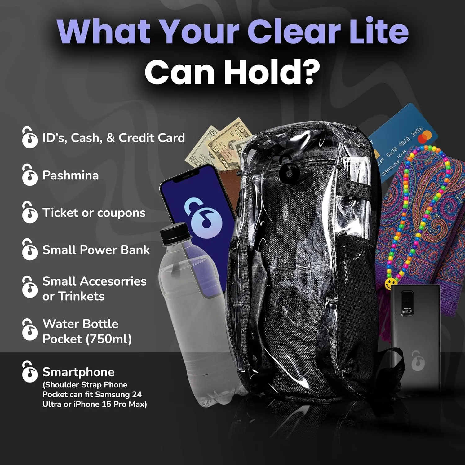 Clear Lite Pack – Anti Theft Clear Bag for Stadium Events with Locking Zippers Protects Items at Festivals, Concerts, and Traveling. Backpack is Compliant with Most Venue Bag Policies
