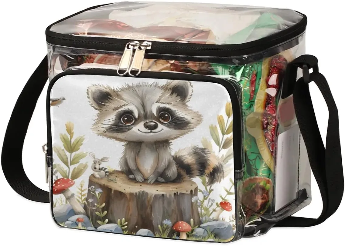 Clear Lunch Bag for Work Raccoons Stump Leaves Lunch Box for Women Transparent PVC Lunch Bags with Adjustable Strap Front Pocket Reusable Stadium Approved Clear Lunch Tote Bag