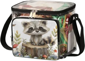 Clear Lunch Bag for Work Raccoons Stump Leaves Lunch Box for Women Transparent PVC Lunch Bags with Adjustable Strap Front Pocket Reusable Stadium Approved Clear Lunch Tote Bag