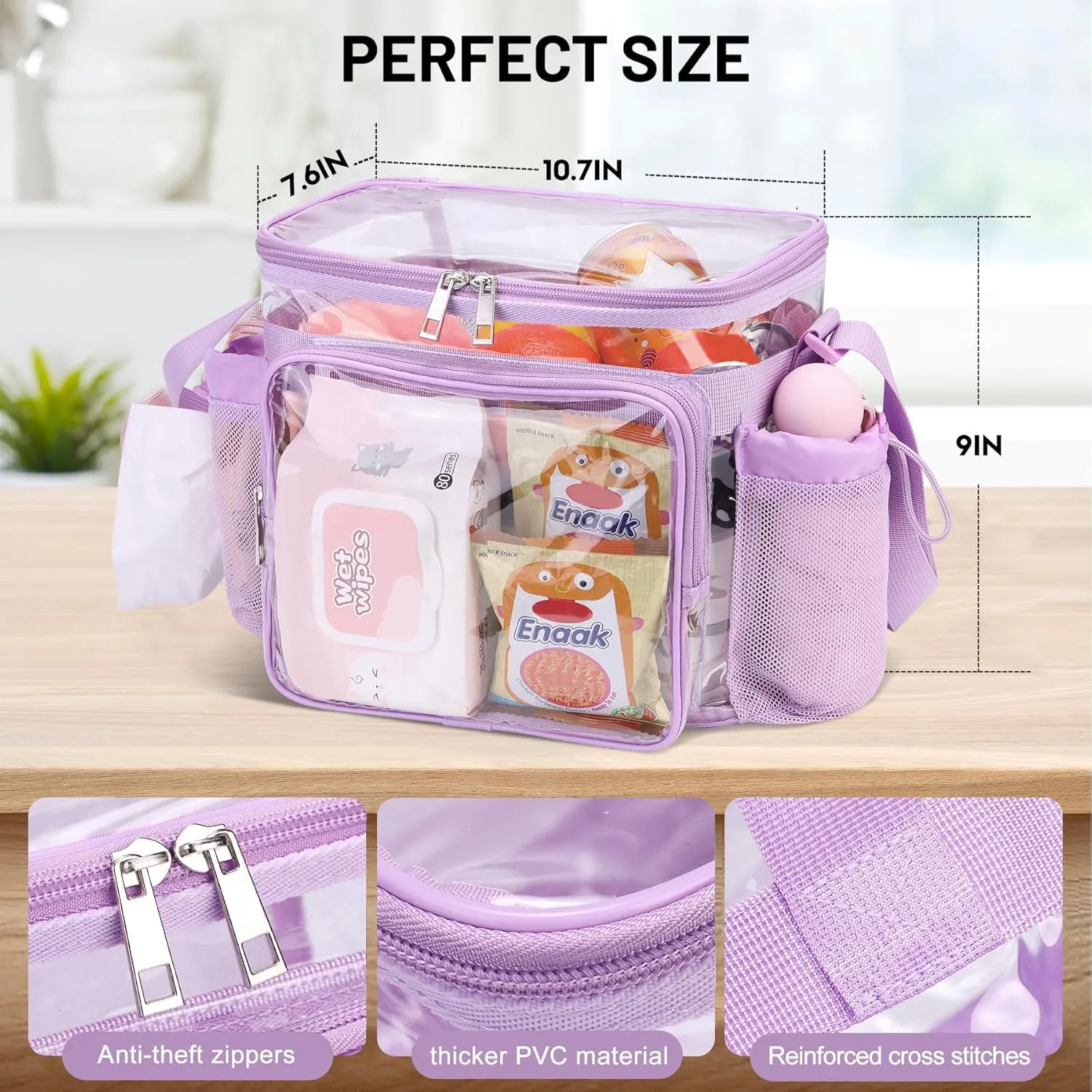 Clear lunch bags for work stadium correctional officer accessories women Plastic Concerts transparent See Through Lunch box with Pockets -Light Purple