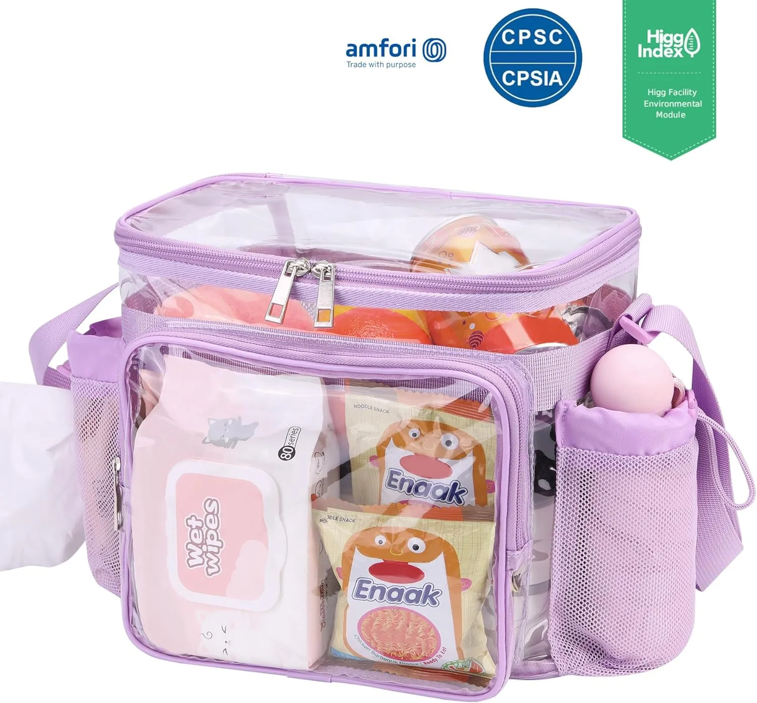 Clear lunch bags for work stadium correctional officer accessories women Plastic Concerts transparent See Through Lunch box with Pockets -Light Purple