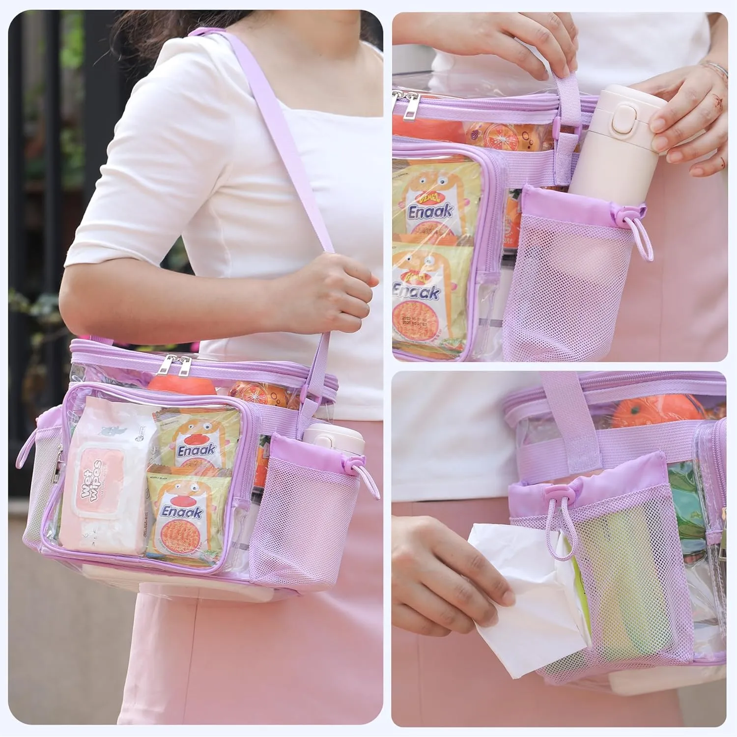 Clear lunch bags for work stadium correctional officer accessories women Plastic Concerts transparent See Through Lunch box with Pockets -Light Purple