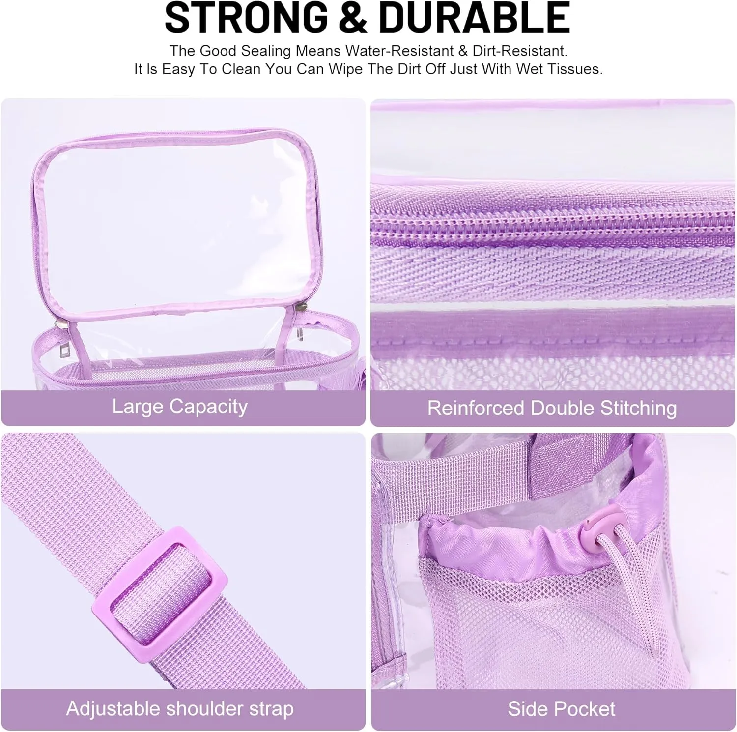 Clear lunch bags for work stadium correctional officer accessories women Plastic Concerts transparent See Through Lunch box with Pockets -Light Purple