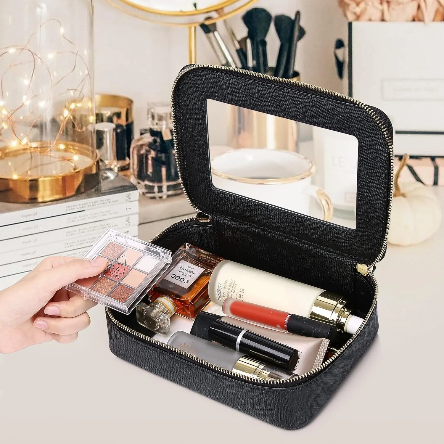 Clear Makeup Bag Women's Waterproof Travel Cosmetic Case and Toiletry Bag Portable Makeup Organizer Bag Car Essential with Zipper (Black, M-1)