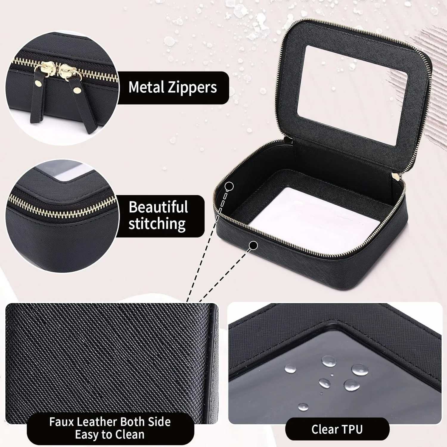 Clear Makeup Bag Women's Waterproof Travel Cosmetic Case and Toiletry Bag Portable Makeup Organizer Bag Car Essential with Zipper (Black, M-1)