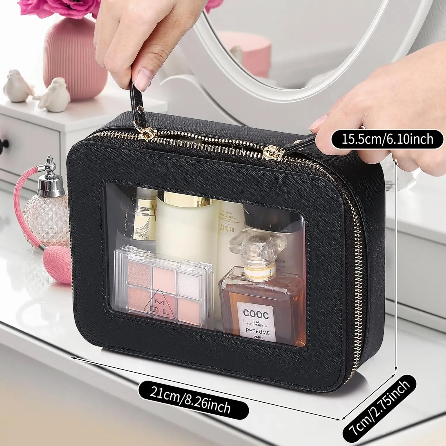 Clear Makeup Bag Women's Waterproof Travel Cosmetic Case and Toiletry Bag Portable Makeup Organizer Bag Car Essential with Zipper (Black, M-1)