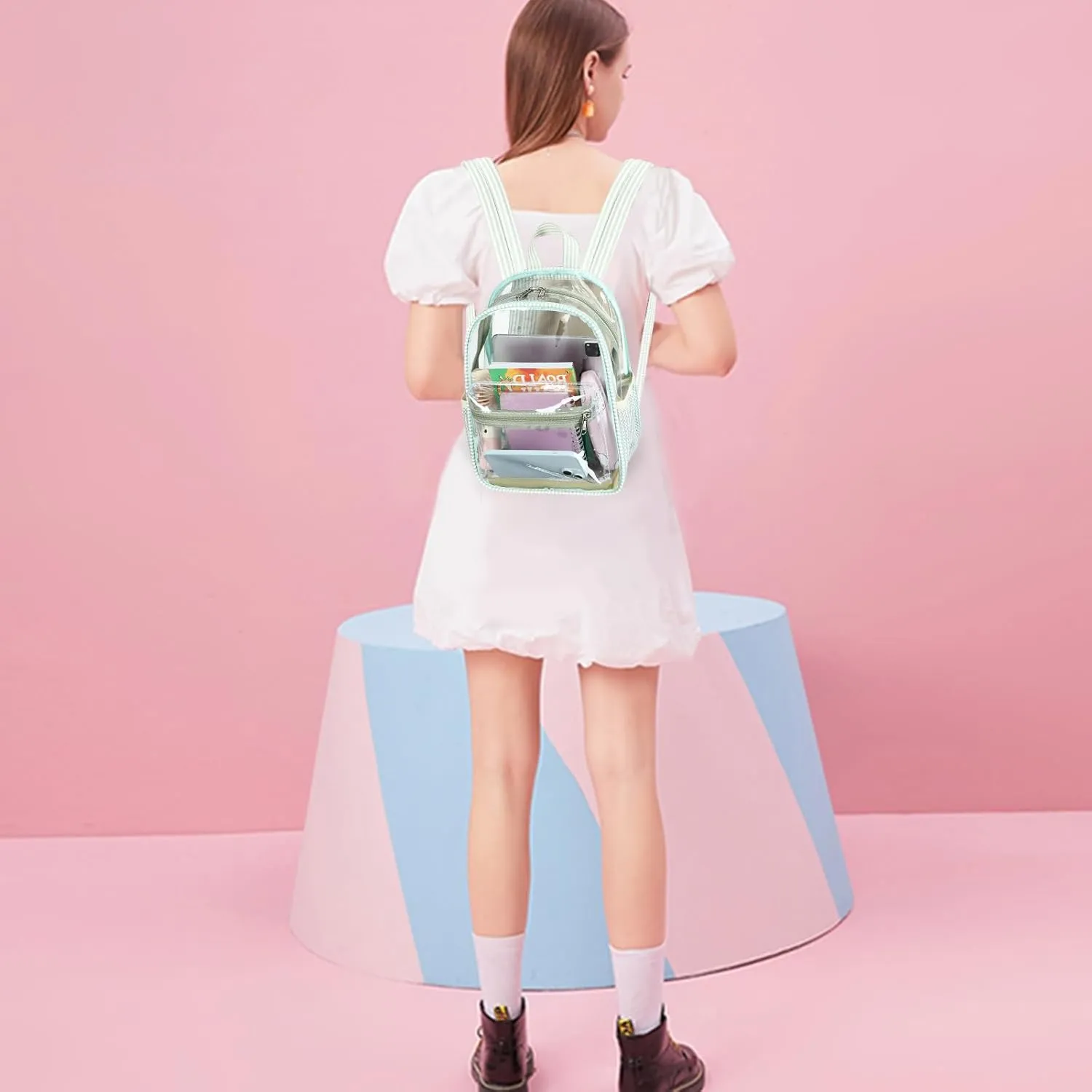 Clear Mini Backpack for Stadium Events 12x12x6 Small Transparent Backpacks Plastic See Through Clear Bag for Concerts Work Festival Security Travel