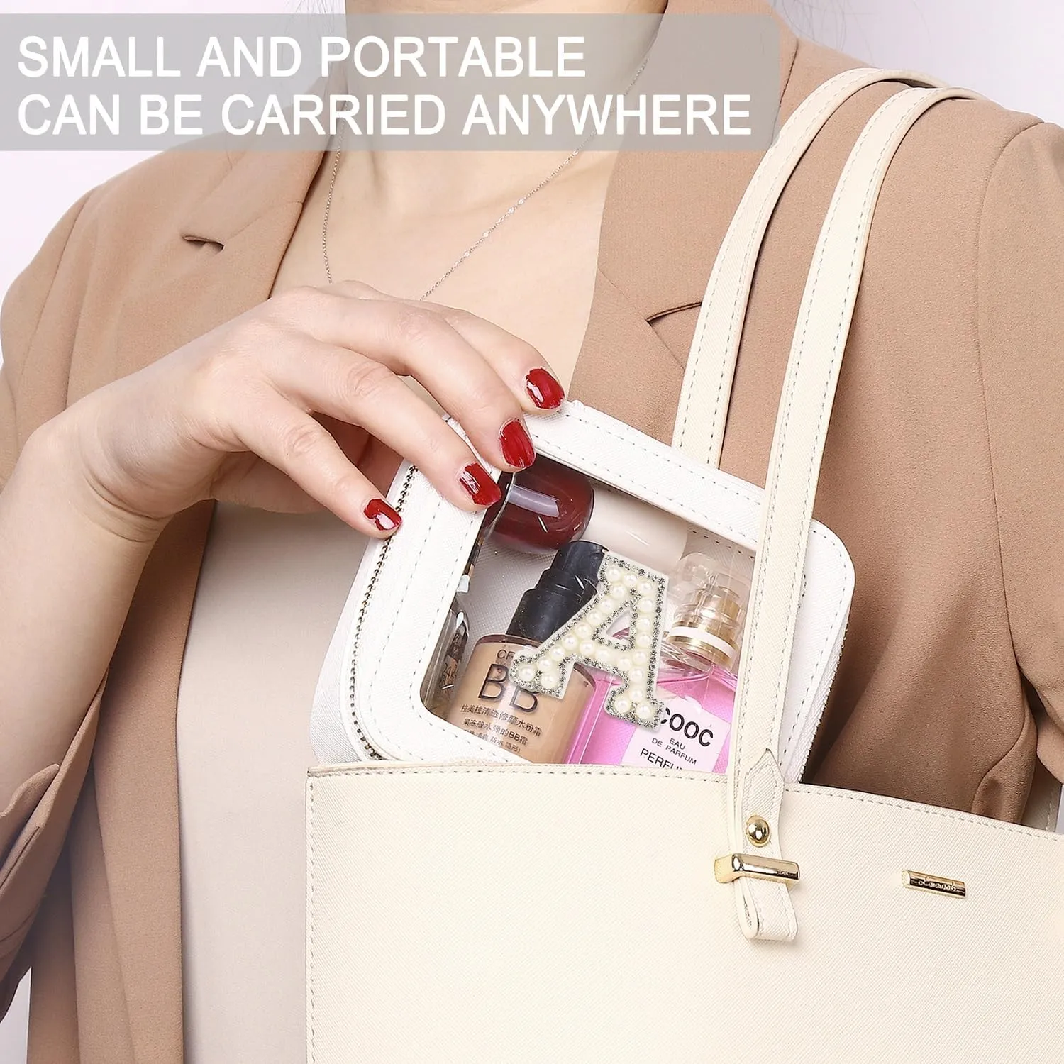 Clear Mini Makeup Bag Personalized Initial Cosmetic Bag Small Makeup Case & Toiletry Bag Birthday Gift for Women (B, Mini/White)