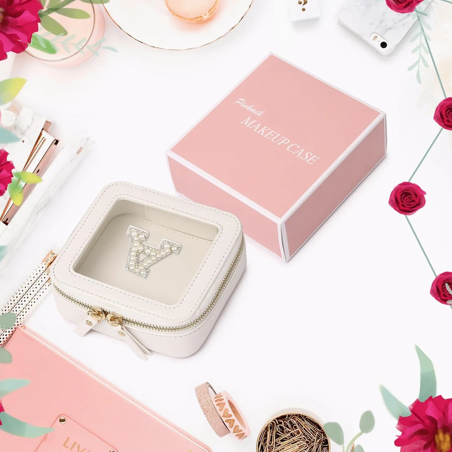 Clear Mini Makeup Bag Personalized Initial Cosmetic Bag Small Makeup Case & Toiletry Bag Birthday Gift for Women (B, Mini/White)