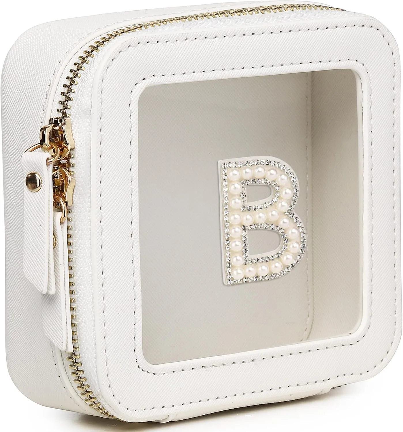 Clear Mini Makeup Bag Personalized Initial Cosmetic Bag Small Makeup Case & Toiletry Bag Birthday Gift for Women (B, Mini/White)